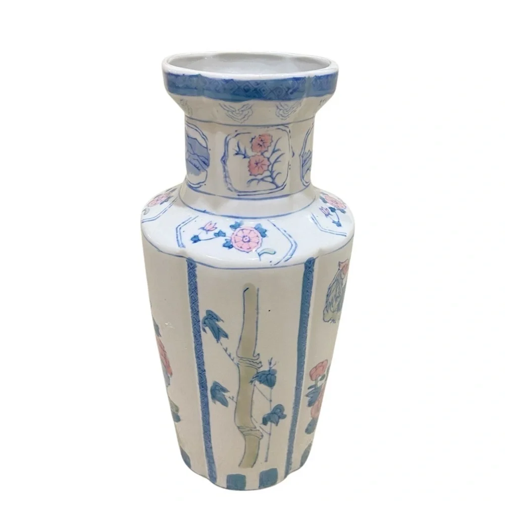 Vintage 1990’s peacock porcelain Chinese style vase teal, blush, & sage green